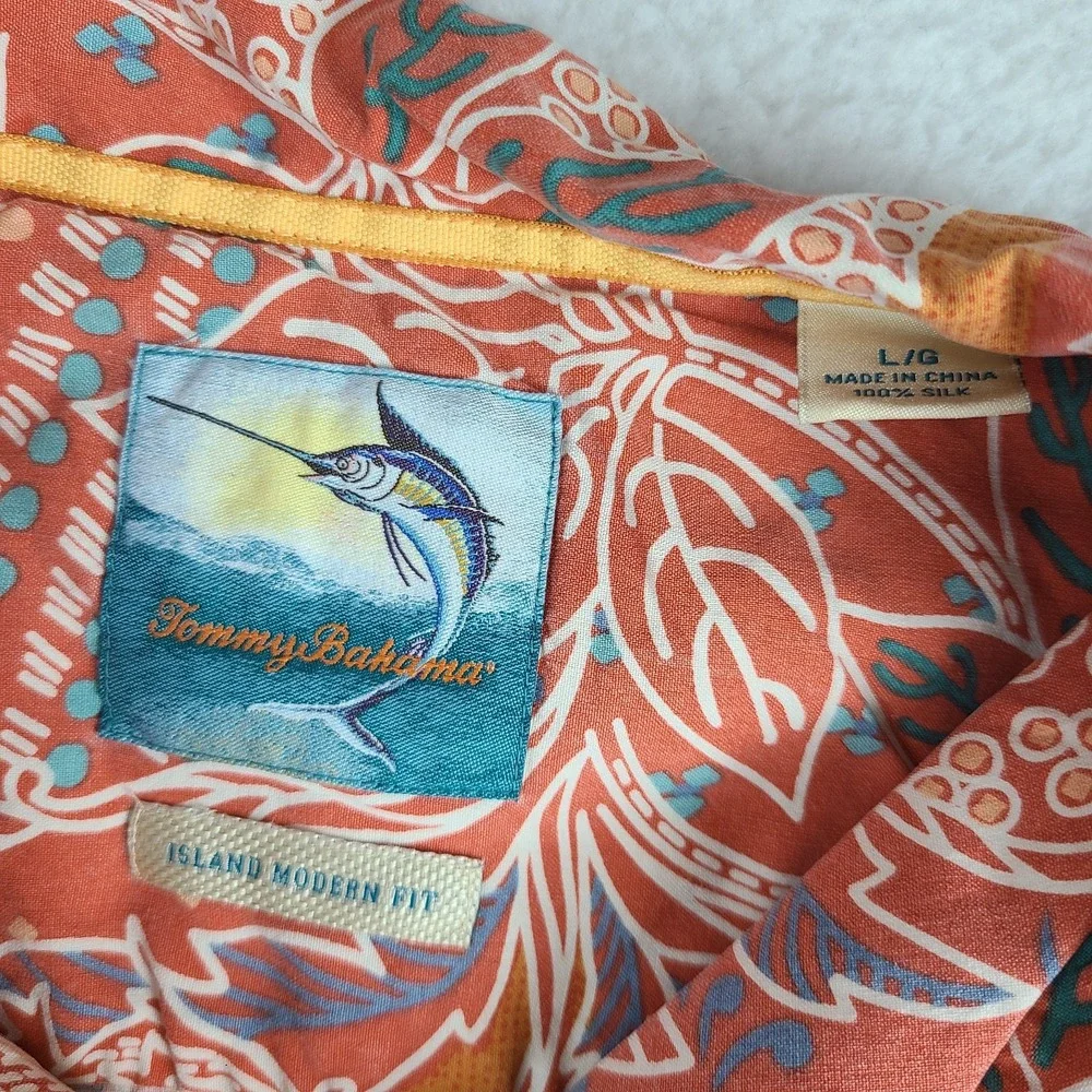 Tommy Bahama Shirt Mens Large Orange Blue Island Modern Fit Hawaiian Button Up